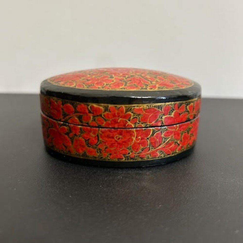 Vintage Kashmir Papier Mache Trinket Box Red Floral